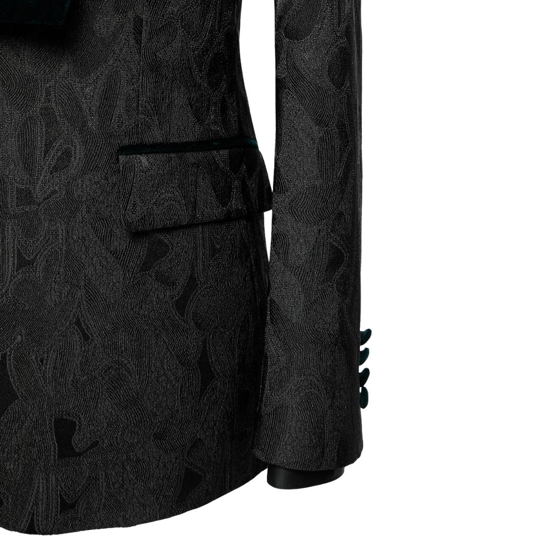 Stylish Black Jacquard Wedding Suit With Dark Green Velvet Shawl Collar
