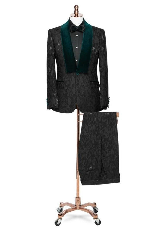 Stylish Black Jacquard Wedding Suit With Dark Green Velvet Shawl Collar