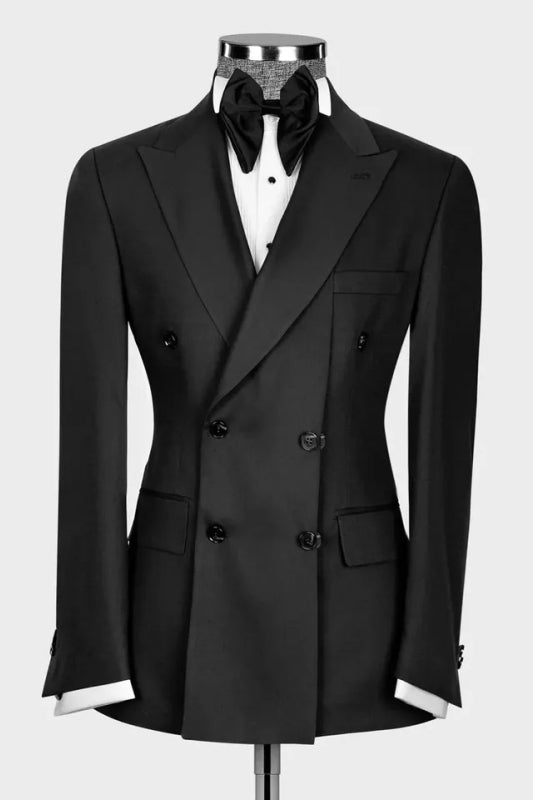 Stylish Black Peaked Lapel Double-Breasted Prom Ensemble