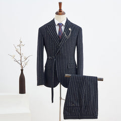 Stylish Black Striped Slim Fit Business Suit with Adjustable Belt