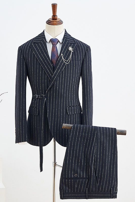 Stylish Black Striped Slim Fit Business Suit with Adjustable Belt