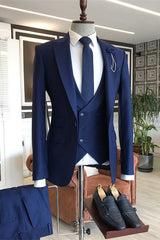 Stylish Blue Peaked Lapel Three-Piece Prom Suit For Men