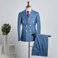 Stylish Blue Plaid Peak Lapel Double Breasted Custom Business Suit
