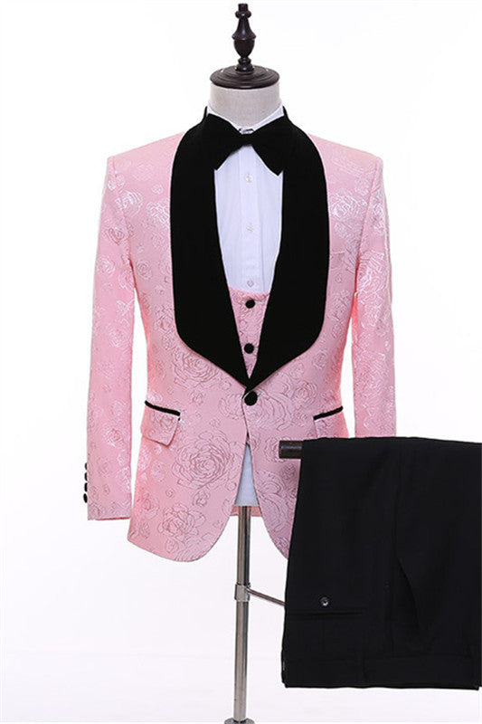 Stylish Blush Three-Piece Jacquard Shawl Collar Groom's Suit
