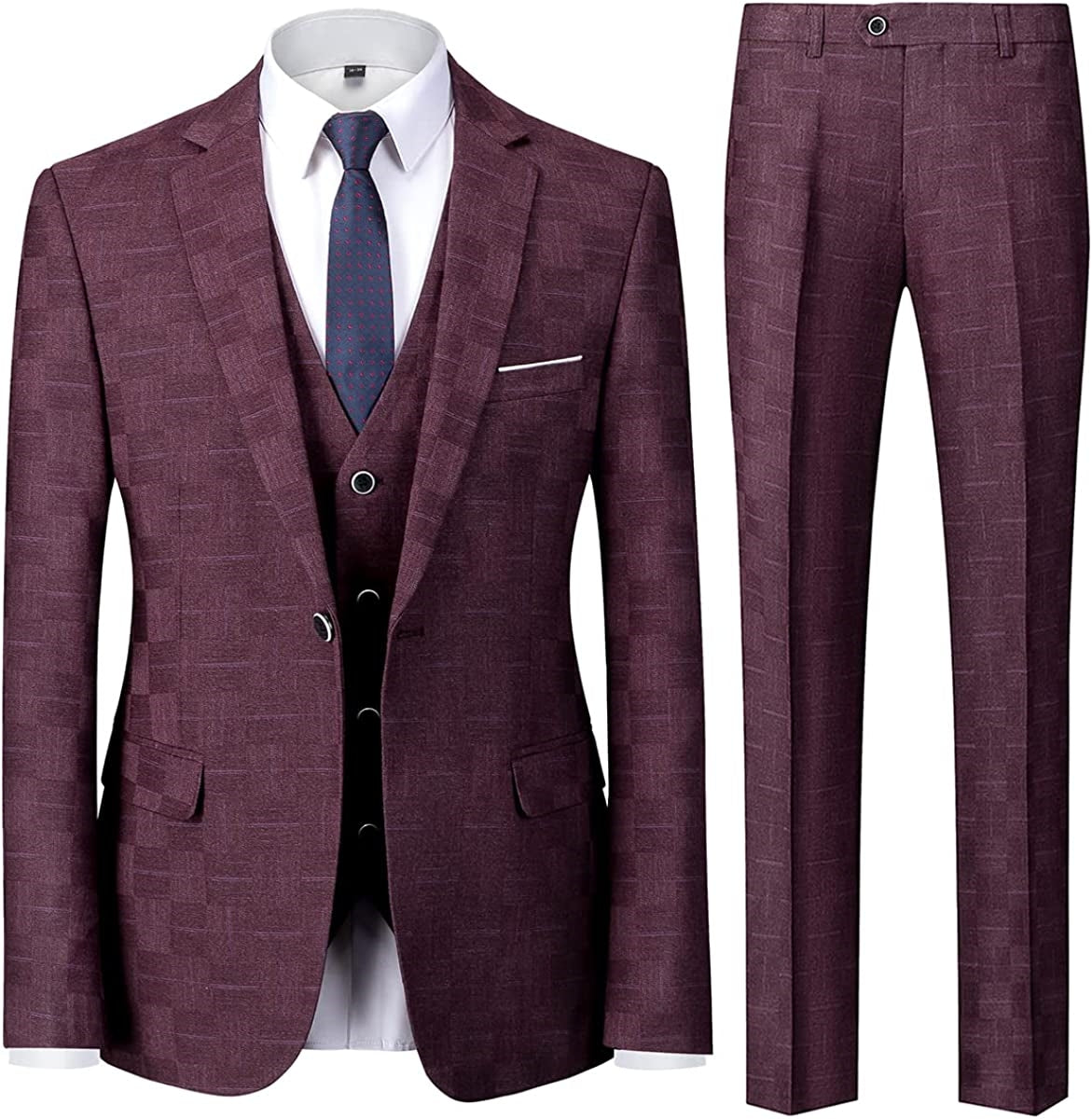 Stylish Burgundy Plaid Notched Lapel Three-Piece Business Suit for Men