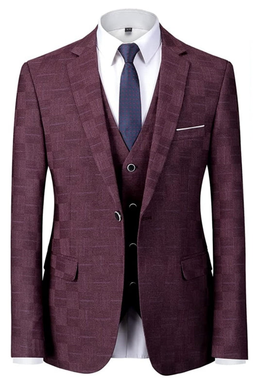 Stylish Burgundy Plaid Notched Lapel Three-Piece Business Suit for Men