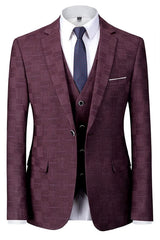 Stylish Burgundy Plaid Notched Lapel Three-Piece Business Suit for Men