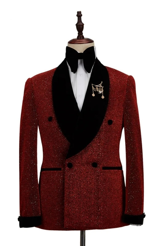 Stylish Burgundy Sequined Double Breasted Groom's Suit With Black Velvet Lapel