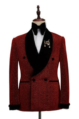 Stylish Burgundy Sequined Double Breasted Groom's Suit With Black Velvet Lapel