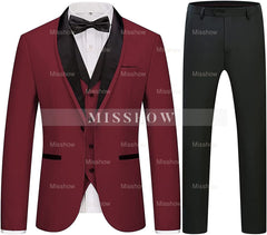Stylish Burgundy Shawl Collar Three-Piece Wedding Suit