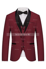 Stylish Burgundy Shawl Collar Three-Piece Wedding Suit