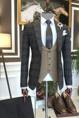 Stylish Coffee Plaid Three-Piece Peak Lapel Business Suit for Men