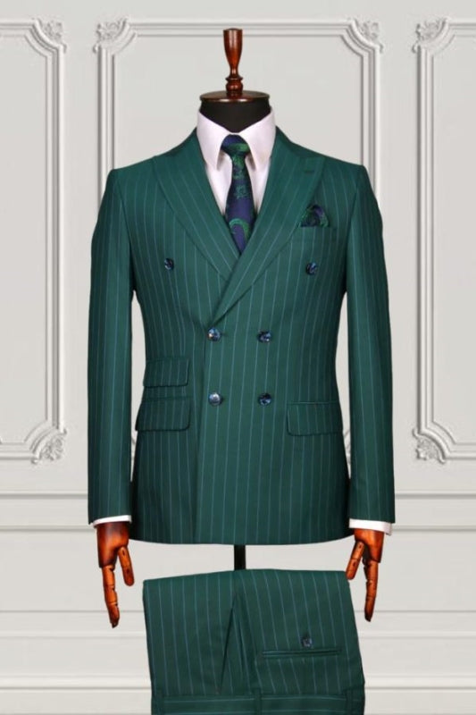 Stylish Dark Green Double-Breasted Peaked Lapel Business Suit