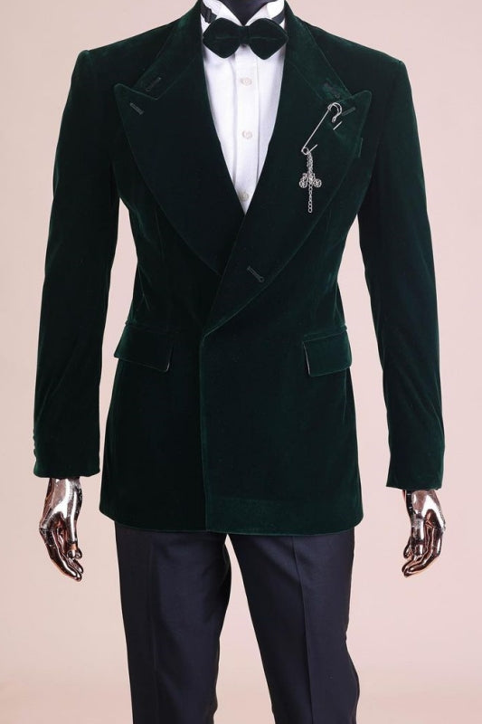 Stylish Dark Green Peak Lapel Two-Piece Velvet Prom Suits