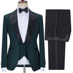 Stylish Dark Green Three Pieces Slim Fit Custom Prom Men’s Suits with Black Collar