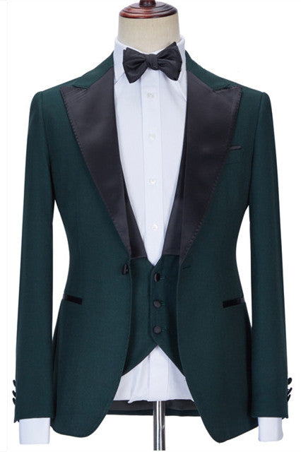 Stylish Dark Green Three Pieces Slim Fit Custom Prom Men’s Suits with Black Collar