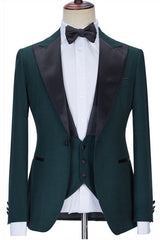 Stylish Dark Green Three Pieces Slim Fit Custom Prom Men’s Suits with Black Collar