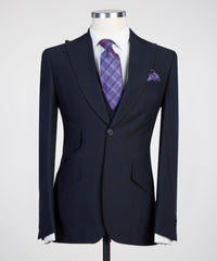 Stylish Dark Navy Three-Piece Peak Lapel Men’s Suits