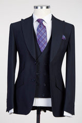 Stylish Dark Navy Three-Piece Peak Lapel Men’s Suits