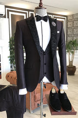 Stylish Deep Wine Three-Piece Prom Suit With Black Jacquard Peaked Lapel