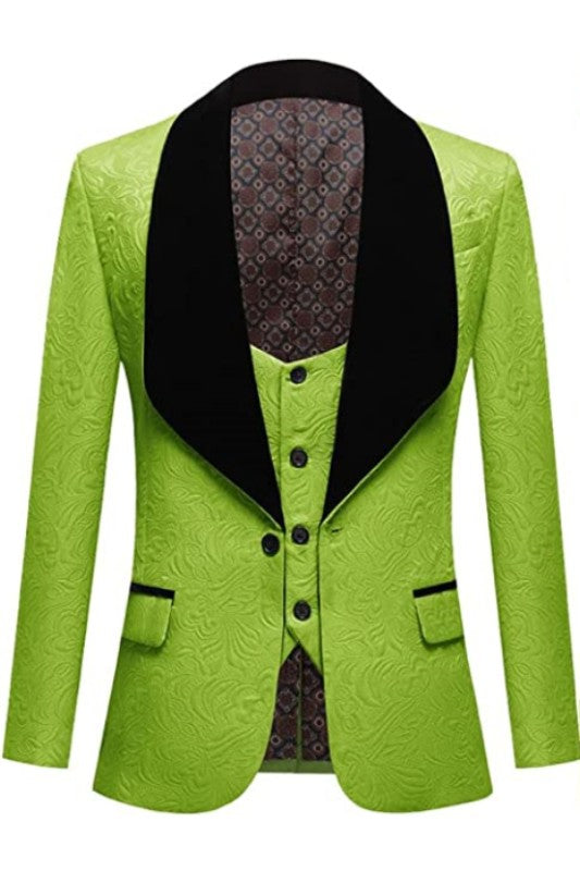 Stylish Emerald Three-Piece Jacquard Wedding Attire With Black Velvet Shawl Collar