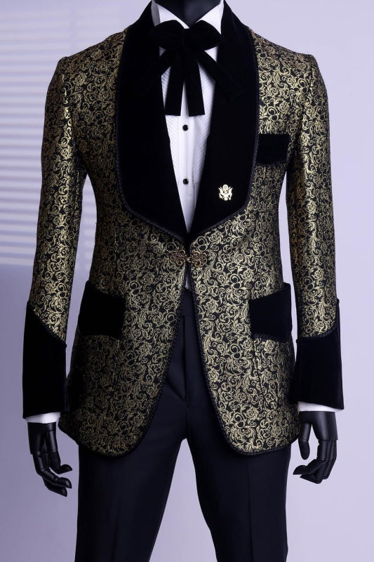Stylish Gold Black Jacquard Wedding Suit With Velvet Lapel