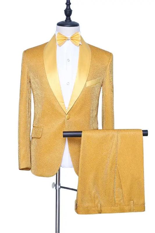 Stylish Gold Shawl Lapel Two-Piece Velvet Wedding Attire