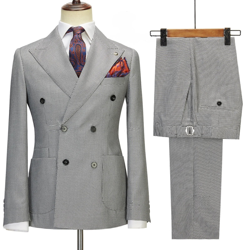 Stylish Gray Peak Lapel Double Breasted Plaid Prom Suit