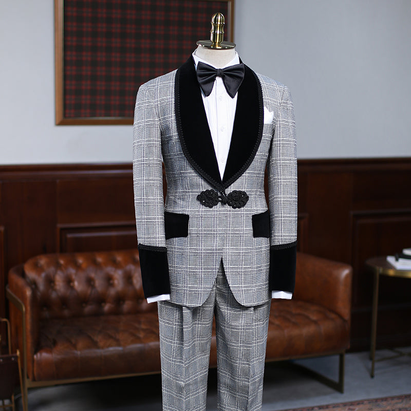 Stylish Gray Plaid Knitted Button Wedding Suit for Grooms