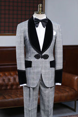 Stylish Gray Plaid Knitted Button Wedding Suit for Grooms