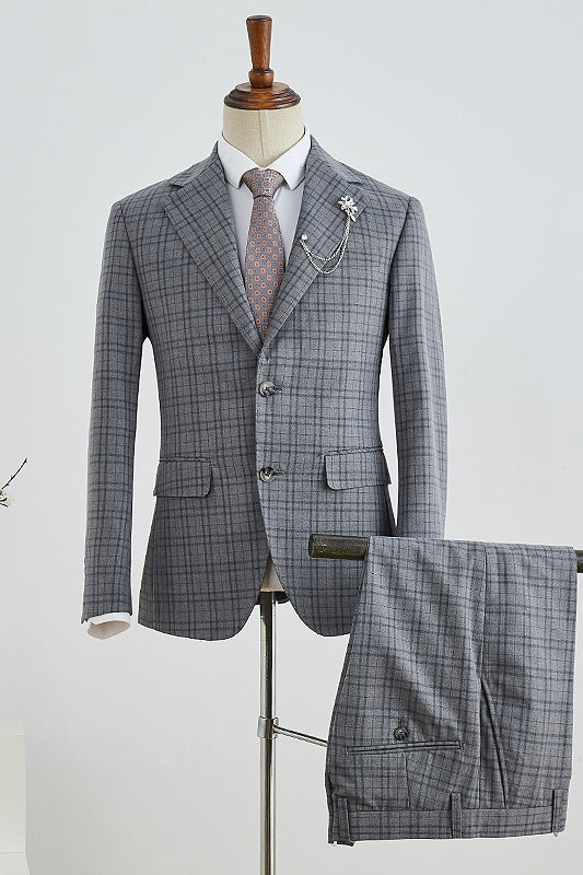 Stylish Gray Plaid Notched Lapel Business Suit for Men