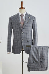 Stylish Gray Plaid Notched Lapel Business Suit for Men