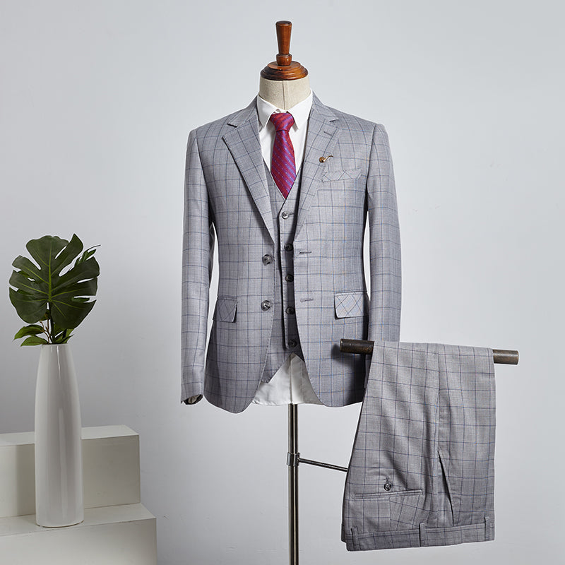 Stylish Gray Plaid Three Pieces Slim Fit Tailored Business Suit