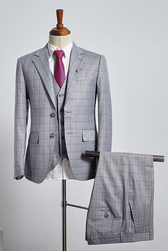 Stylish Gray Plaid Three Pieces Slim Fit Tailored Business Suit
