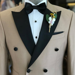 Stylish Khaki Peaked Lapel Double-Breasted Prom Outfit