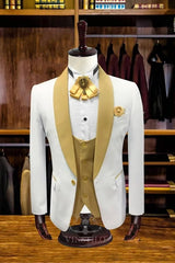 Stylish Khaki Shawl Collar Three-Piece Groom's Wedding Ensemble