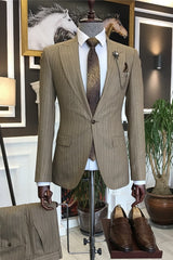 Stylish Khaki Striped Peaked Lapel Business Suit For Men