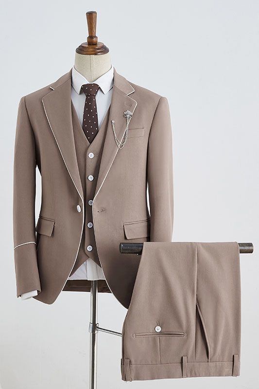 Stylish Khaki Three Pieces Notched Lapel Slim Fit Tailored Business Suit