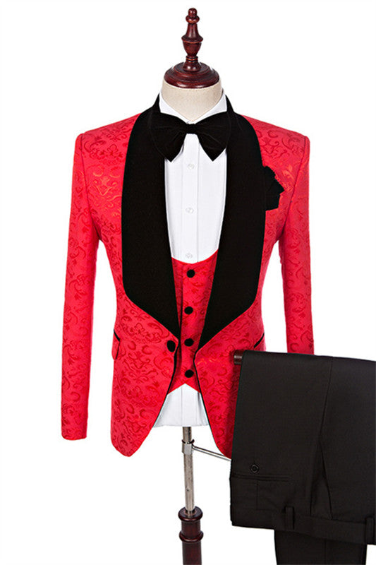 Stylish Light Red Jacquard Three-Piece Groom's Wedding Suit