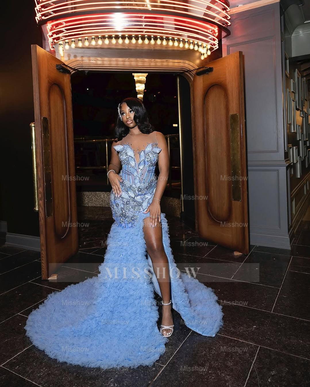 Stylish Long Blue Sweetheart Sleeveless Mermaid Prom Dress with Ruffles and Slit