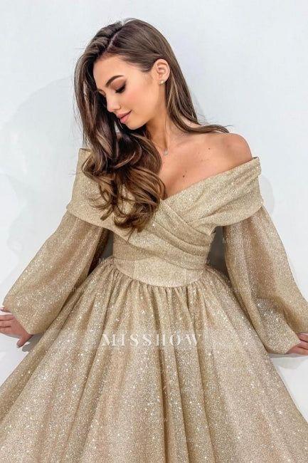 Stylish Long Champagne A-line Off-the-shoulder Long Sleeves Prom