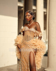 Stylish Long Champagne Off-The-Shoulder Sleeveless Mermaid Prom Dress with Rhinestones and Slit