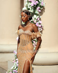 Stylish Long Champagne Off-The-Shoulder Sleeveless Mermaid Prom Dress with Rhinestones and Slit