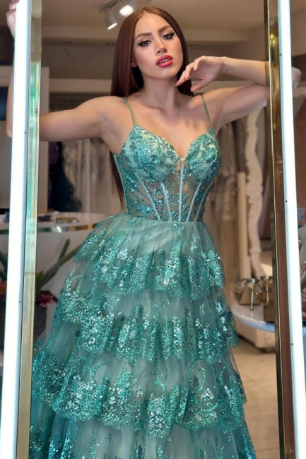 Stylish Long Green A-line Spaghetti Straps Sequined Lace Prom Evening Dresses