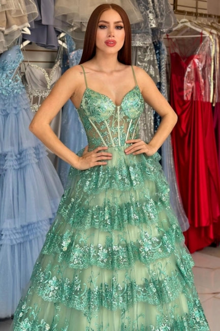 Stylish Long Green A-line Spaghetti Straps Sequined Lace Prom Evening Dresses