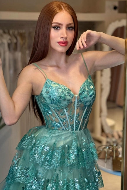 Stylish Long Green A-line Spaghetti Straps Sequined Lace Prom Evening Dresses