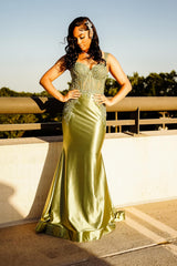 Stylish Long Green Sweetheart Sleeveless Mermaid Prom Dress with Appliques
