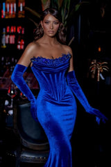 Stylish Long Royal Blue Strapless Velvet Beading Mermaid Prom Evening Dresses