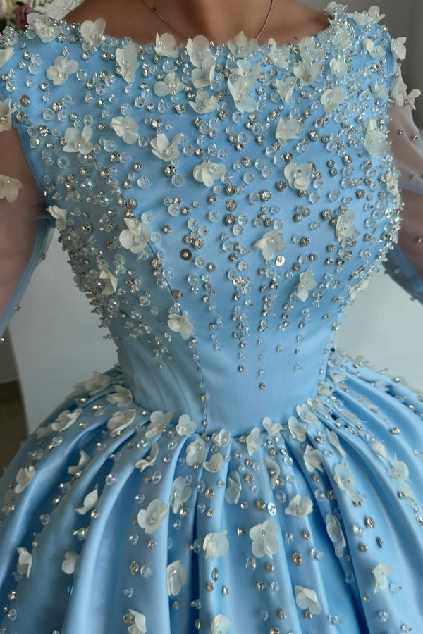 Stylish Long Sky Blue A-line Satin Rhinestones Prom Evening Dresses with Long Sleeves