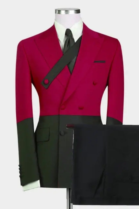 Stylish Merlot Peaked Lapel Double-Breasted Prom Outfit